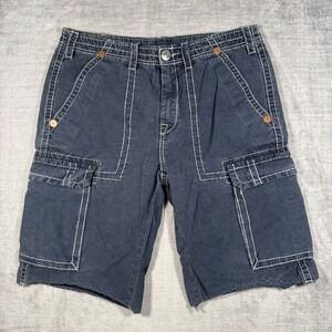 True Religion Cargo Shorts Mens 34 Blue Big T Contrast Stitching Y2K Streetwear